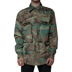 Camouflage shirt worn by a person on a white background