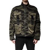 Camouflage jacket with multiple pockets and straps on a white background