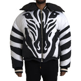 Black and white striped jacket with tribal design on a white background