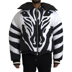 Black and white striped jacket with tribal design on a white background