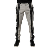 Gray pants with black stripes on a white background