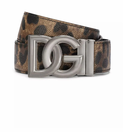 Leopard print leather belt with DG logo buckle on a white background