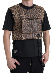 Person wearing a leopard print vest over a black shirt on a white background