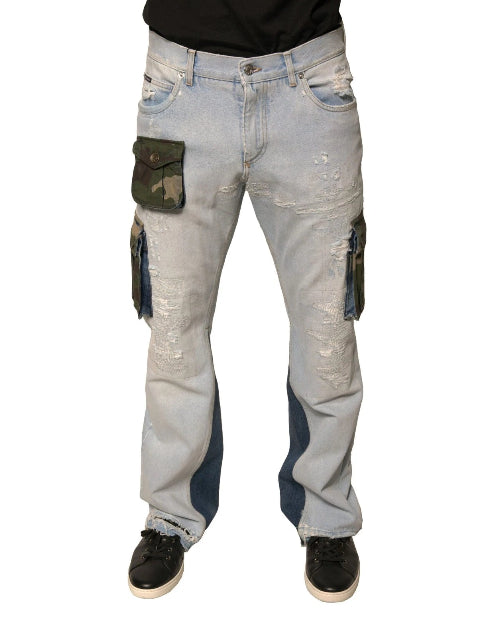 Light blue jeans with camouflage patches on a white background