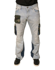 Light blue jeans with camouflage patches on a white background