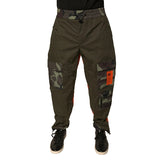 Green tactical pants with camouflage and orange patches on a white background
