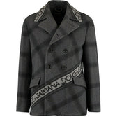 Gray checkered coat with Dolce & Gabbana branding on a white background