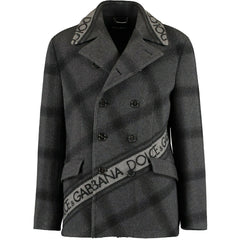 Gray checkered coat with Dolce & Gabbana branding on a white background