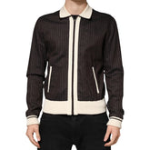Black pinstripe jacket with white accents on a white background