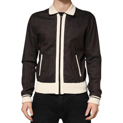 Black pinstripe jacket with white accents on a white background