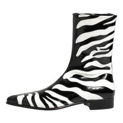 Zebra-striped rain boot on a white background