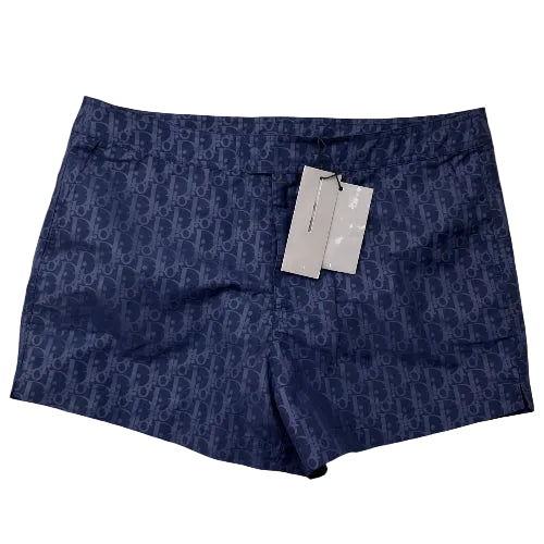 Blue shorts with a pattern and tags on a white background