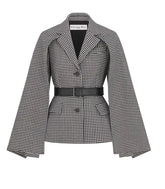 A structured gray double-breasted blazer with peak lapels and a double-breasted button closure, shown against a plain white background with a black text label at the bottom.