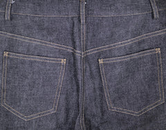Close-up of blue denim jeans with stitching details
