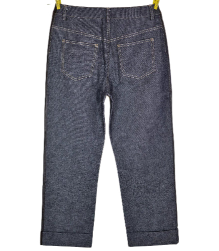 Pair of dark blue jeans on a white background