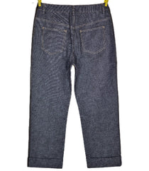 Pair of dark blue jeans on a white background