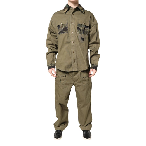 Olive green shirt and pants set on a white background