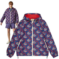 Blue jacket with red and white pattern on a plain background