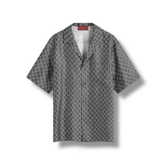 Short-sleeve shirt with geometric pattern on a white background