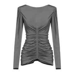 Gray long-sleeve top with ruched design on a white background