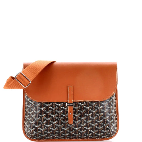 Brown leather and patterned fabric bag on a white background