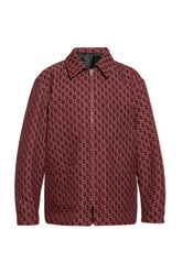 A long-sleeve button-up shirt with a textured geometric knit pattern in dark red and black, shown against a plain white background.