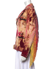 Colorful jacket with fringe and studs on a mannequin against a white background