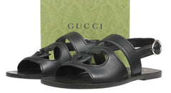 Black sandals with Gucci box in the background
