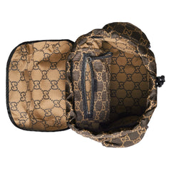 Open backpack with Gucci pattern on a white background