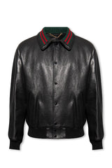 Black leather jacket with a distinctive collar on a white background