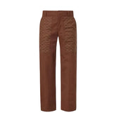 A pair of brown wide-leg trousers featuring a textured, patterned brown panel on the upper thighs, displayed against a clean white background.