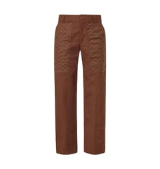 A pair of brown wide-leg trousers featuring a textured, patterned brown panel on the upper thighs, displayed against a clean white background.