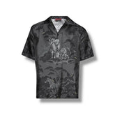 Black graphic t-shirt with white text and design on a white background