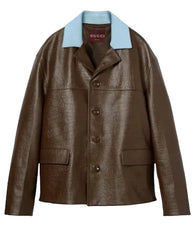 Brown leather jacket with light blue collar on a white background