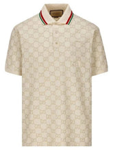 Beige Gucci polo shirt with logo pattern on a white background