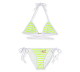 Neon striped bikini set on a white background