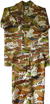 Colorful patterned kimono with floral design on a plain background