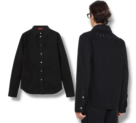 A black long-sleeve button-up shirt shown from both the front and back views, with a model wearing it from the back on the right side.