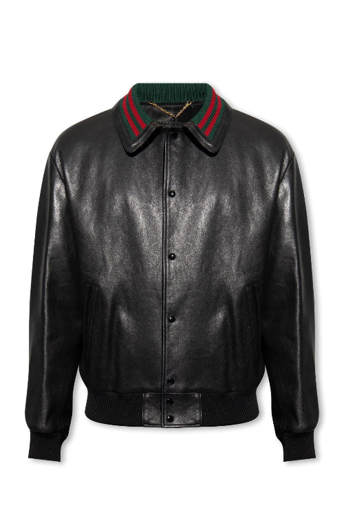 Black leather jacket with a distinctive collar on a white background