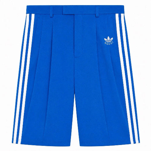 Blue shorts with white stripes and Adidas logo on a white background