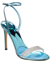 Blue high-heeled sandal with a stiletto heel and rhinestone strap on a white background