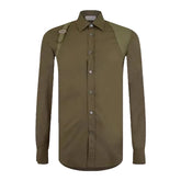 An olive green long-sleeve button-down shirt with contrasting olive green shoulder panels, displayed on a clean white background.