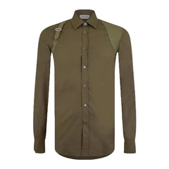 An olive green long-sleeve button-down shirt with contrasting olive green shoulder panels, displayed on a clean white background.