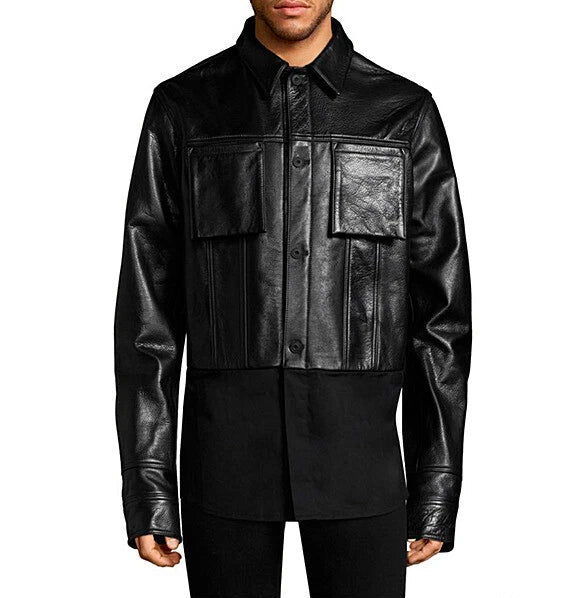 Black leather jacket worn by a person on a white background with 'Helmut Lang' branding.