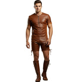 Man wearing a brown leather outfit against a gray background