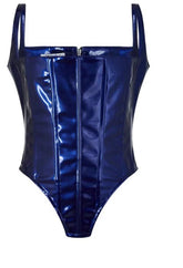 Blue metallic swimsuit on a white background