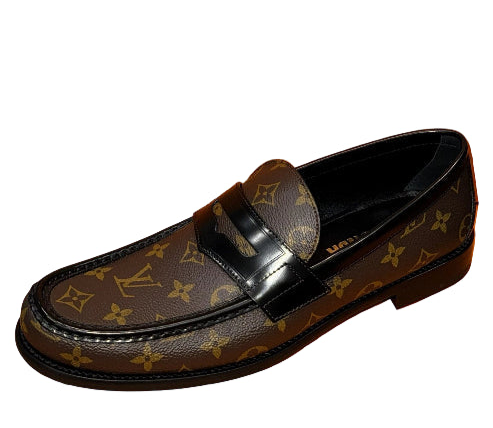 Louis Vuitton loafer on an orange background with brand name displayed