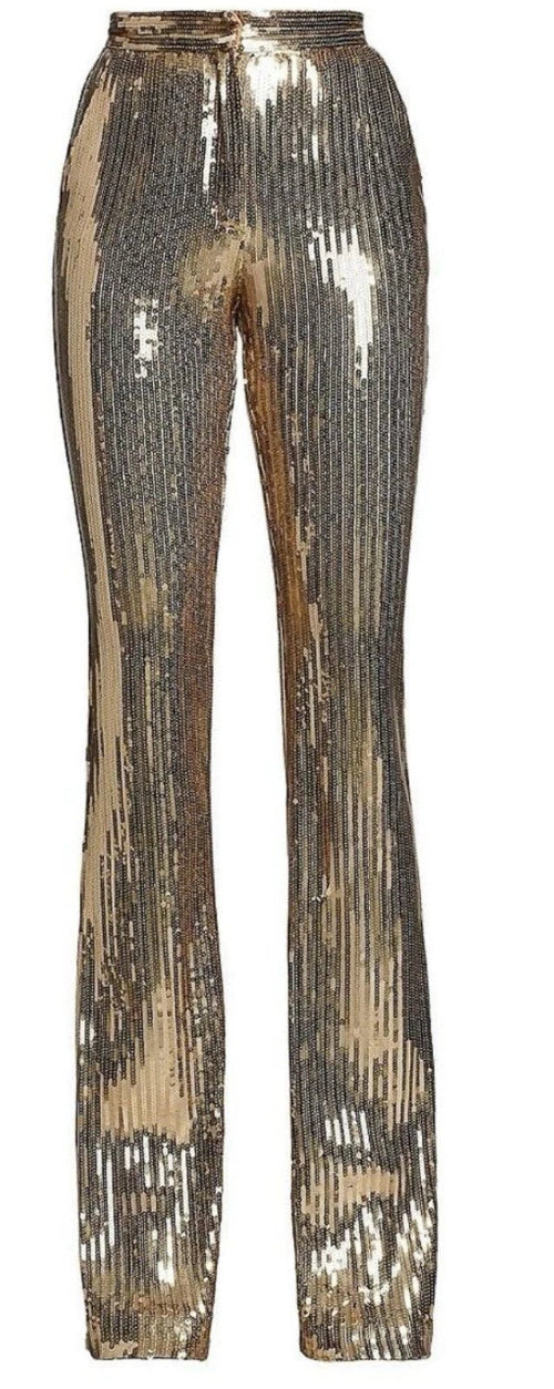 Gold sequin pants on a white background