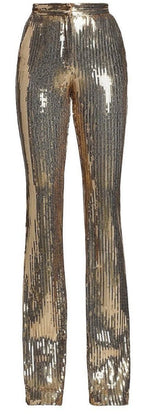 Gold sequin pants on a white background