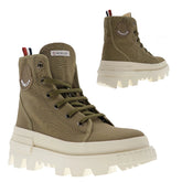 Green high-top boots with white soles on a white background